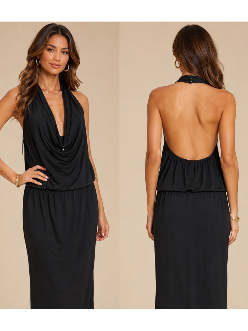 St. John Black Halter Cowl Neck Open Back Midi Dress Elegant Evening Cocktail 10